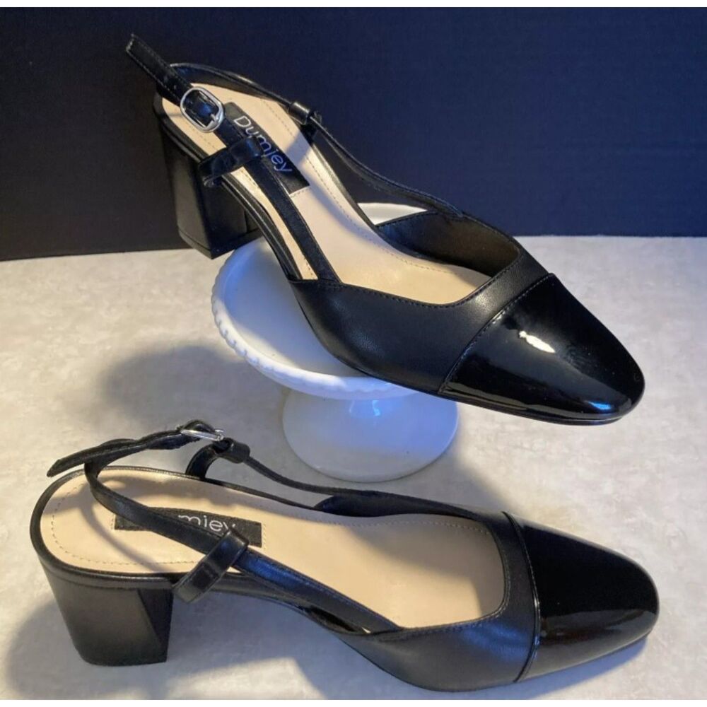 DUMJEY Black Sz 8 1/2 Faux Leather Slingback 2 Tone Close Toe Chunky Block Heels - Picture 4 of 8